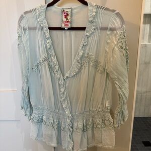 Johnny Was Green Ruffled 3/4 Sleeve Blouse